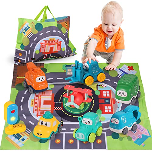 8 PCS Baby Truck Car Toys with Playmat/Storage Bag|1st Birthday Gifts for Toddler Toys Age 1-2|Baby Toys for 1 2 3 Year Old Boy|1 2 Year Old Boy Birthday Gift for Infant Toddlers